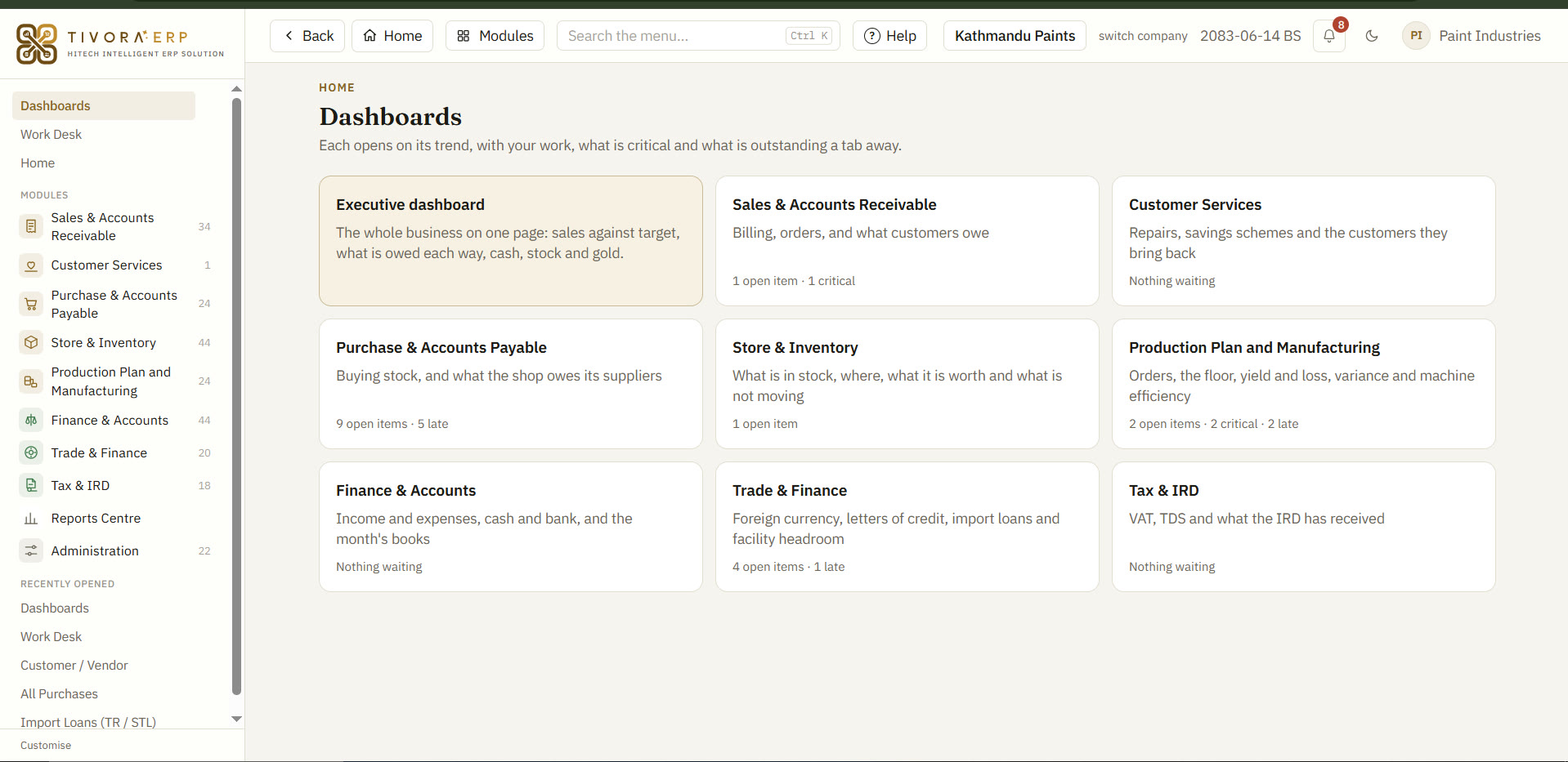 Tivora ERP screen with modules listed on the home page